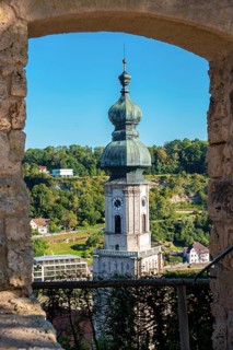 View from a church steeple seen from a medieval courtyard of Burghausen Castle in Bavaria, Germany,