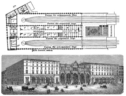 Historical illustration, 19th Century, Main station, Stuttgart21 project, Stuttgart,