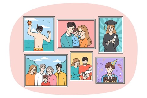 Set of family pictures in frames hanging on wall. Collection of photographs of parents and children