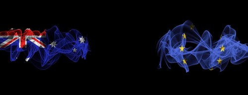 Flags of Australia and EU on Black background, Australia vs Europe Union Smoke Flags