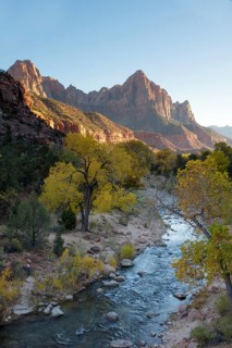 Virgin River Valley and sunlit mountains in Zion National Park