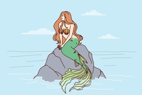 Mermaid sits on sea rock to illustrate fairy tales about ocean dwellers and magical creatures