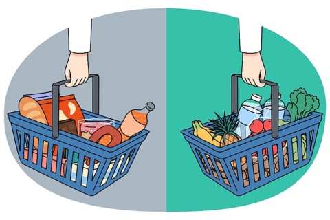 Shopping baskets with healthy and unhealthy food. Nutritious wholesome and harmful junk meal choice