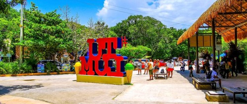 Tulum Mexico 19. August 2023 Big red sign lettering writing Tulum Magico in Tulum Quintana Roo