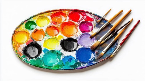 Circular paint palette filled with vivid colors and brushes, highlighting artistic tools, AI