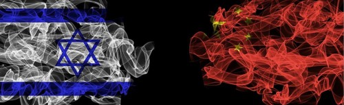 Flags of Israel and China on Black background, Israel vs China Smoke Flags
