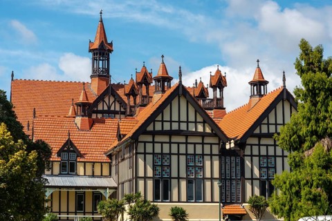 ROTORUA, NEW ZEALAND, JANUARY 13, 2023, The Rotorua Museum, former bath house, North Island of New