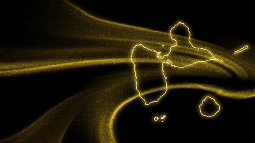 Map of Guadeloupe, Gold glitter map on dark background