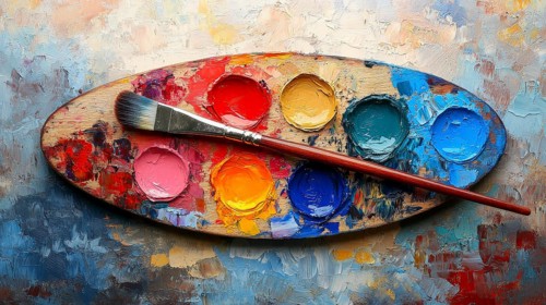 Wooden palette with vibrant thick paint and a brush on an abstract textured background, AI