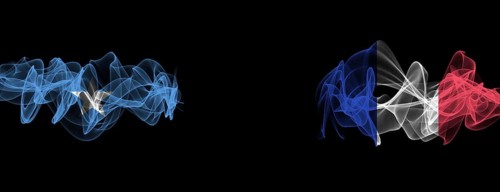 Flags of Somalia and France on Black background, Somalia vs France Smoke Flags