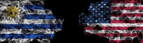 Flags of Uruguay and USA on Black background, Uruguay vs USA Smoke Flags