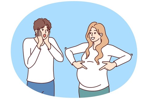 Shocked man is surprised to see pregnant woman and does not want to become father or take girl as