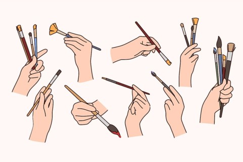 Set of person hands holding painting brushes. Collection of people artists or painter with artistic