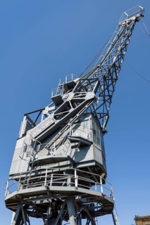 CHATHAM, KENT, UK, AUGUST 9. View of an old dockyard crane in Chatham, Kent, UK on August 09, 2024
