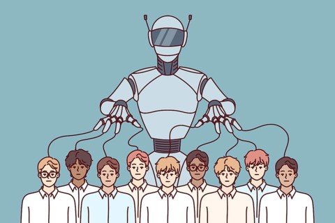 Robot manipulates crowd of people using puppeteer strings and symbolizing problems caused by