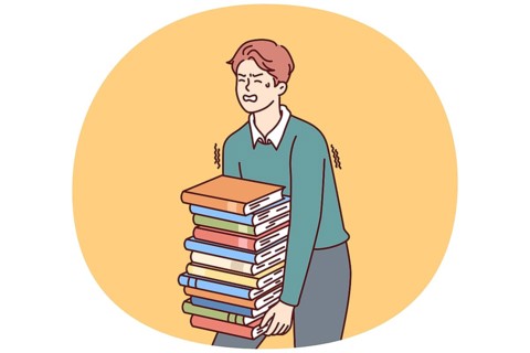 Exhausted man carries large stack of books suffering from overload while preparing for exams. Guy