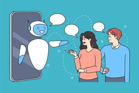 People talk to robotics online support on smartphone. Client use chatbot or humanoid robot internet