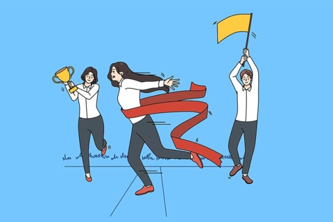 Motivated female employee feel euphoric cross finish line reach business goal. Excited woman worker