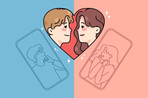 Happy man and woman dating texting online on social media on cellphone. Male and female couple talk