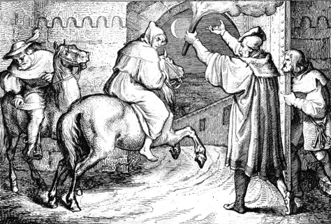 Martin Luther leaves Augsburg on horseback, city gate, night, riding, torch, secret, religion, 16th