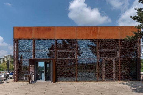Modern designed restaurant built in steel and glass, Lahr, Baden-Württemberg, Germany, Europe
