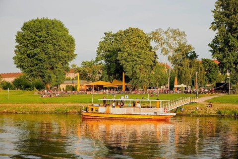 Elbe ferry in Dresden Johannstadt, right next door is the Fährgarten, a pub with a beer garden that