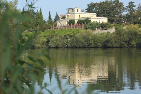 View over the Main River of the Roman Villa Pompejanum in the Castle Garden in Aschaffenburg, Lower