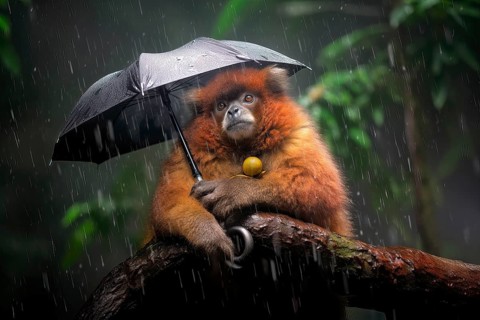 Titi monkey on a branch with a rain umbrella under a heavy shower in the rainforest, AI Generated
