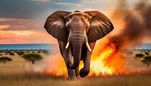 Climate change, global warming, bush fires, an African elephant flees from a fire in the African