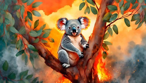 Climate change, global warming, bushfires, a koala in Australia sitting on a burning eucalyptus