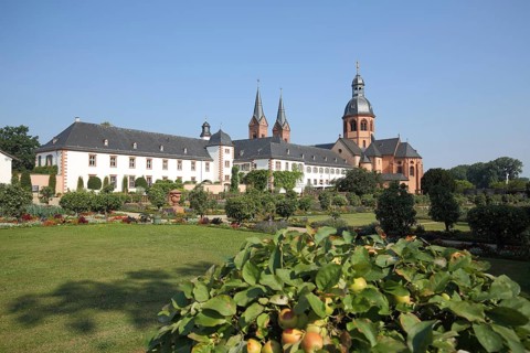 Einhard Basilica of St. Marcellinus and Peter and garden with apple tree and fruit, monastery