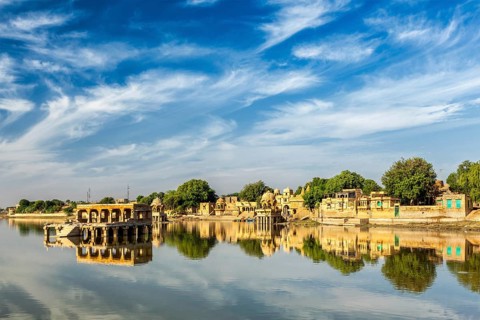 Indian tourist landmark Gadi Sagar, artificial lake. Jaisalmer, Rajasthan, India, Asia