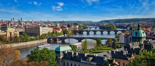 Panoramic view of bridges over Vltava river from Letni Park. Prague, Czech Republic. Stitched