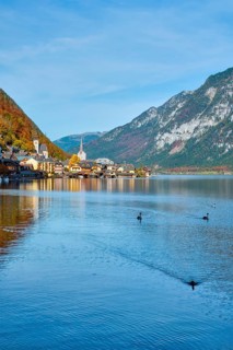 Austrian tourist destination Hallstatt village on Hallstatter See lake in Austrian alps with geese