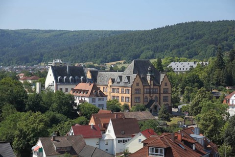 View from the Bayersturm on Georg Ludwig Rexroth Realschule in Lohr am Main, Lower Franconia,
