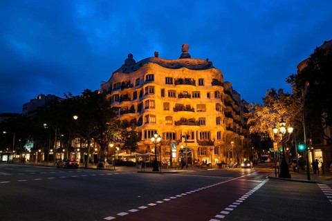 BARCELONA, SPAIN, APRIL 17, 2019: Night view of famous Casa Mila house know as La Pedrera modernist