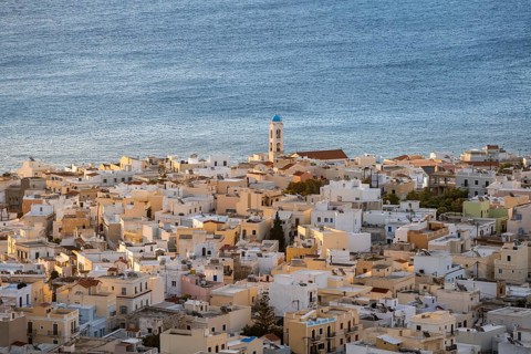 View from Ano Syros to the houses of Ermoupoli and church in the morning light, Ano Syros, Syros,