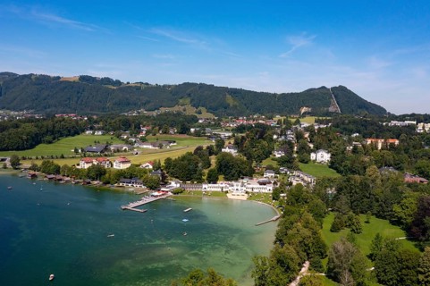 Drone shot, panorama shot, lido, Altmünster am Lake Traun, Gmunden, Lake Traun, Salzkammergut,