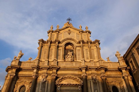 Evening light, Cathedral, Front, Catania, Old town, Baroque old town, East coast, Sicily, Italy,