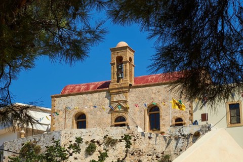 Church, bell tower, red roof, branches, Chrissoskalitissa, rock monastery, Orthodox monastery,