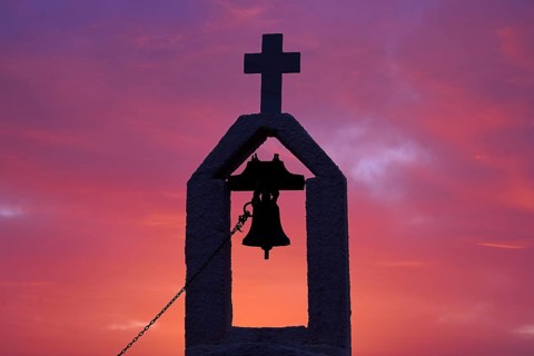 Dawn, sunrise, Rodopou Peninsula, Small Chapel, Bell Tower with Cross, detail, silhouette, red