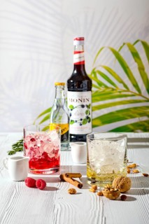 April 24, 2019, Minsk, Belarus, refreshing espresso and tonic summer drinks on white table under