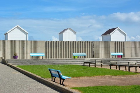 Seafront boardwalk in the city of Saint-Aubin-sur-Mer in District of Caen Calvados in Basse