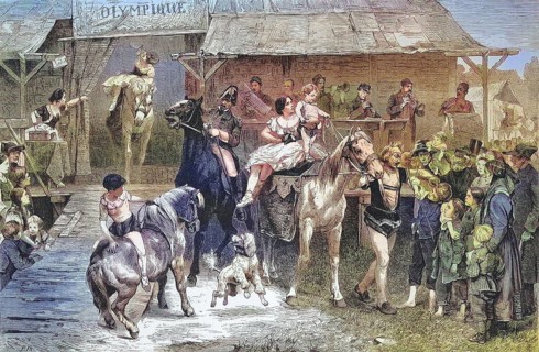 Parade in front of the circus, horses and acrobats amuse children and adults, 1869, Paris, France,