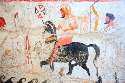 Tomb painting from a chamber tomb from ca 480 B. C. Lucanian period, in the Museum of Paestum,