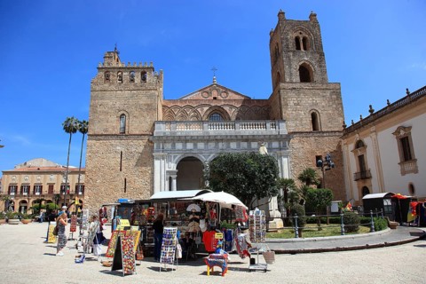 City of Monreale, souvenir stands in front of the Cathedral of Santa Maria Nuova, Unesco World