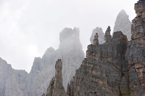 Mountain ridge in the mist in the Dolomites, Italy, Europe
