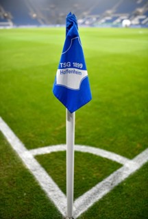 Corner flag, TSG 1899 Hoffenheim logo, grass, stadium interior, empty, PreZero Arena, Sinsheim,
