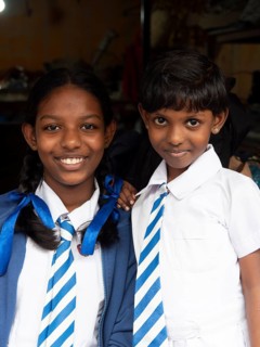 Sinhalese schoolgirls with white-blue clothes, ties, pigtails with blue ribbons, Sri Lanka, Asia