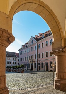 Hotel Börse and arcade of New Town Hall building, Untermarkt, Görlitz, Goerlitz, Germany, Europe